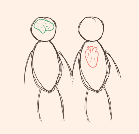 A sketch of two people.
In one, a green brain is sketched. In the other, a red heart is
sketched. width=